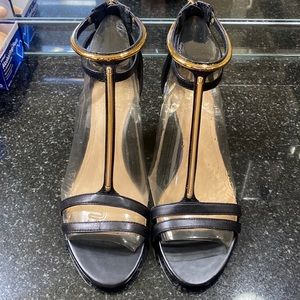 Size 7.5, Vince Camuto straps heels, black gold detail, back zipper, 2.5 in heel
